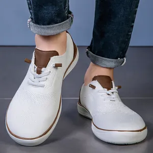 Men's breathable mesh barefoot shoes with wide toe box and brown leather accents