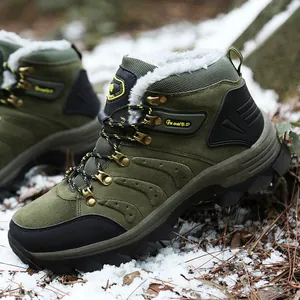 Detailed shot of army green high-top winter snow boots with warm white faux fur lining.