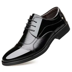 Classic black patent leather men's business dress shoes with sleek Oxford style finish