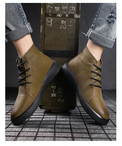 Men's olive genuine leather high-top work boots with black rubber sole and laces