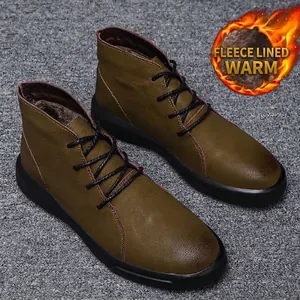 Casual mens high top winter leather work boots with warm fleece lining olive brown