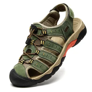 Green leather men's closed-toe outdoor sandals with breathable mesh and bungee laces.