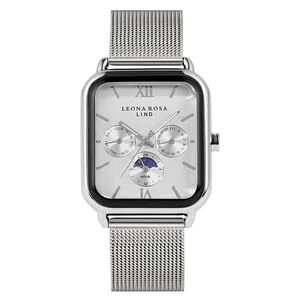 Montre à quartz carrée argentée élégante avec bracelet en maille d'acier et cadran multifonction