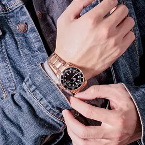 Detailed view of the GUOU rose gold men's quartz watch on wrist with date function.