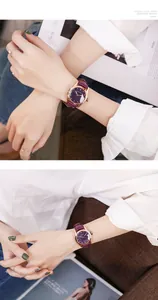 Detailed view of the GUOU women's quartz watch with purple leather strap and date display.