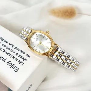 Elegant oval women's quartz watch with two-tone gold and silver stainless steel band