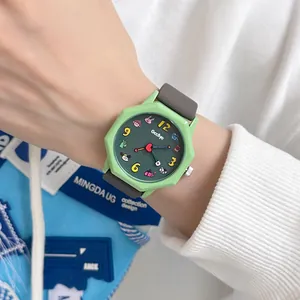 GCCLIYO dopamine style green octagonal student quartz watch with dark grey silicone strap