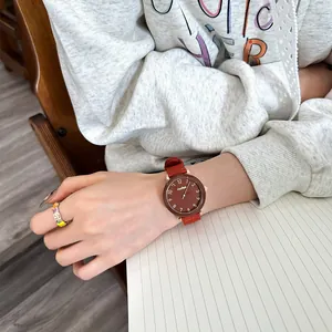 Elegant minimalist women's quartz watch featuring a brown dial and red woven strap