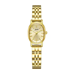 Elegant gold-tone oval quartz watch for women with a minimalist steel link strap.
