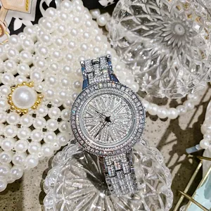 Women Luxury Quartz Watch Sparkling Rotating Spinner Dial Full Rhinestone Inlaid Alloy Band Waterproof Trendy Wristwatch Jewelry Gift