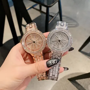 Luxury full diamond rotating dial quartz watch for women with stainless steel band