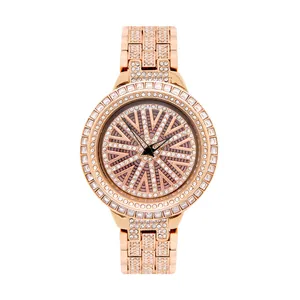 Elegant rose gold women's quartz watch with full rhinestone spinning dial and steel strap
