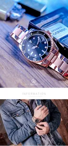 Detailed view of GUOU fashion rose gold men's watch with black dial and calendar display