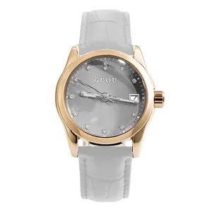 Elegant GUOU women's quartz watch with rhinestone scale and grey leather strap