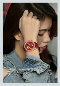 GUOU stylish women's multi-function quartz watch with bold red dial and leather strap