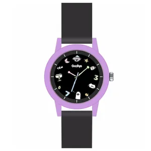 Reloj de cuarzo con caja morada y correa de silicona negra para jóvenes y adolescentes