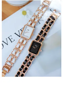 Detail of Gedi women's watches featuring woven rose gold chain straps in black and white.