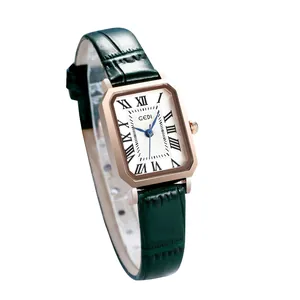 Montre à quartz carrée GEDI pour femmes avec bracelet en cuir vert à motif crocodile