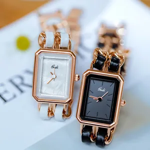 Elegant Gedi minimalist women's woven bracelet watch featuring rose gold rectangular dial