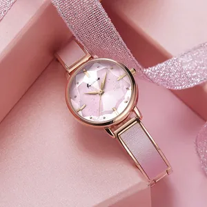 Kimio elegant women's watch with pink faceted dial and rose gold strap