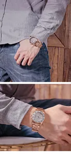 Detailed view of GUOU men's rose gold stainless steel watch with calendar display