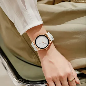 Elegant minimalist quartz watch with white round dial and rose gold case on wrist