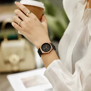 Guou minimalist round quartz watch with rose gold case and black silicone strap on wrist