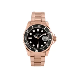 Fashionable GUOU men's rose gold stainless steel watch featuring a black dial and date window