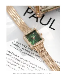 Detailed view of Gedi rose gold square watch with green dial and crystal bezel