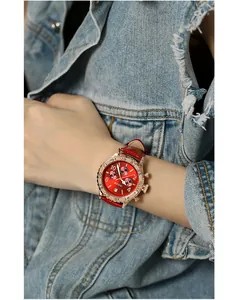 Detailed view of GUOU women's red quartz watch featuring multi-function sub-dials and date