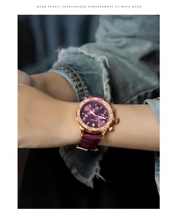 Detail view of GUOU women's quartz watch with purple dial and rose gold case