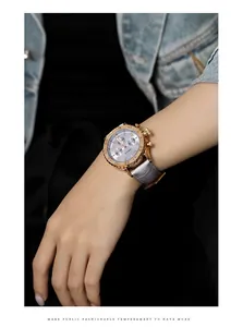 GUOU trendy women's rose gold quartz watch with purple crocodile strap worn on wrist