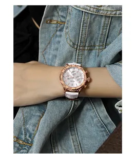 GUOU rose gold multi-function quartz watch for women with stylish white leather strap