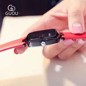 GUOU elegante Mode Damen Quarzuhr mit schwarzem quadratischem Gehäuse und rotem Lederarmband