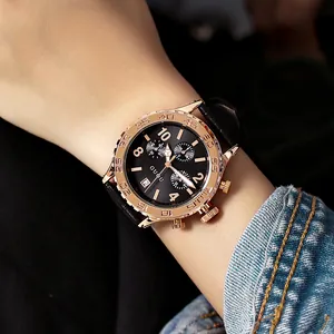 GUOU Trendy Women Quartz Watch Large Dial Multi Function Chronograph Calendar Rose Gold Case Leather Steel Strap Neutral Wristwatch