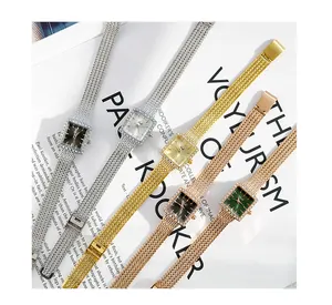 Elegant Gedi women's square quartz watches with rhinestone bezel and mesh straps