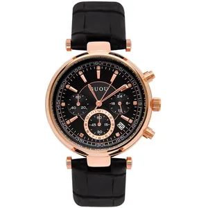 Montre à quartz GUOU élégante pour femme avec bracelet en cuir noir et boîtier rose