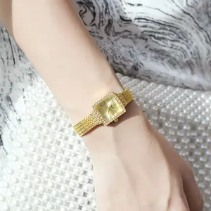 Women's Fashion Square Quartz Watch Rhinestone Alloy Mesh Band Elegant Small Gold Watch Waterproof Jewelry Wristwatch Gift