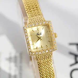 Elegant gold square quartz watch for women with rhinestone bezel and gold mesh band