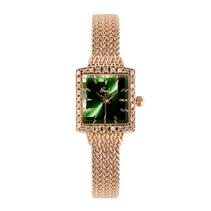 Elegant Gedi women's square quartz watch with green dial and rose gold mesh strap.