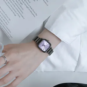 Eavanlin Damen-Armbanduhr, quadratisch, grauviolettes Zifferblatt, dunkles Metallband