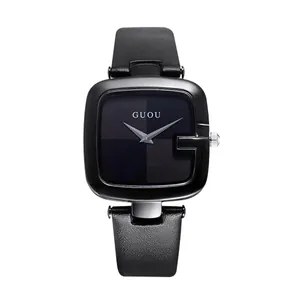 Elegante GUOU Damen-Quarzuhr mit quadratischem schwarzem Zifferblatt und Lederarmband