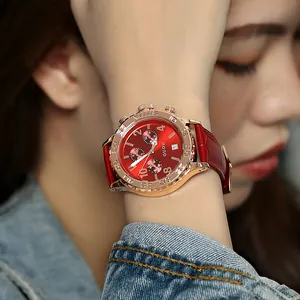 Premium GUOU ladies quartz watch featuring a large red dial and matching red leather strap