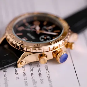 GUOU stylish rose gold chronograph quartz watch for women with black leather strap