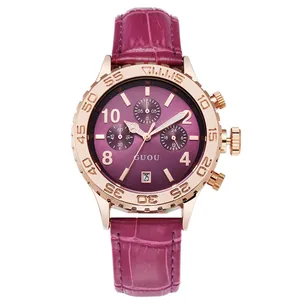 GUOU multi-function women's quartz watch with purple leather strap and rose gold case