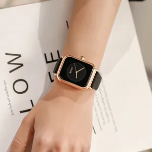 Fashionable GUOU square women's watch with black silicone strap and rose gold case
