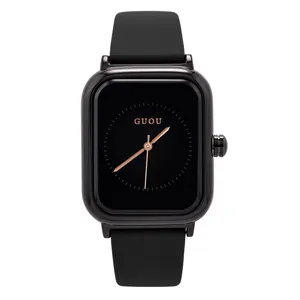 GUOU minimalist square women's watch with black silicone strap and rose gold hands