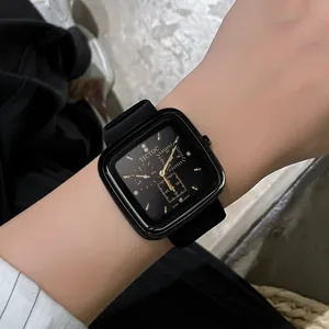 Stylish TICTOC black square watch with silicone strap for men and women fashion accessory