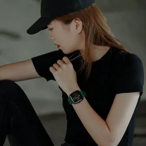 Trendy TICTOC unisex fashion watch featuring a square black dial and green silicone strap
