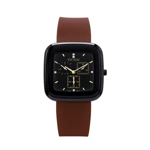 TICTOC fashion unisex watch with brown silicone strap and black square dial
